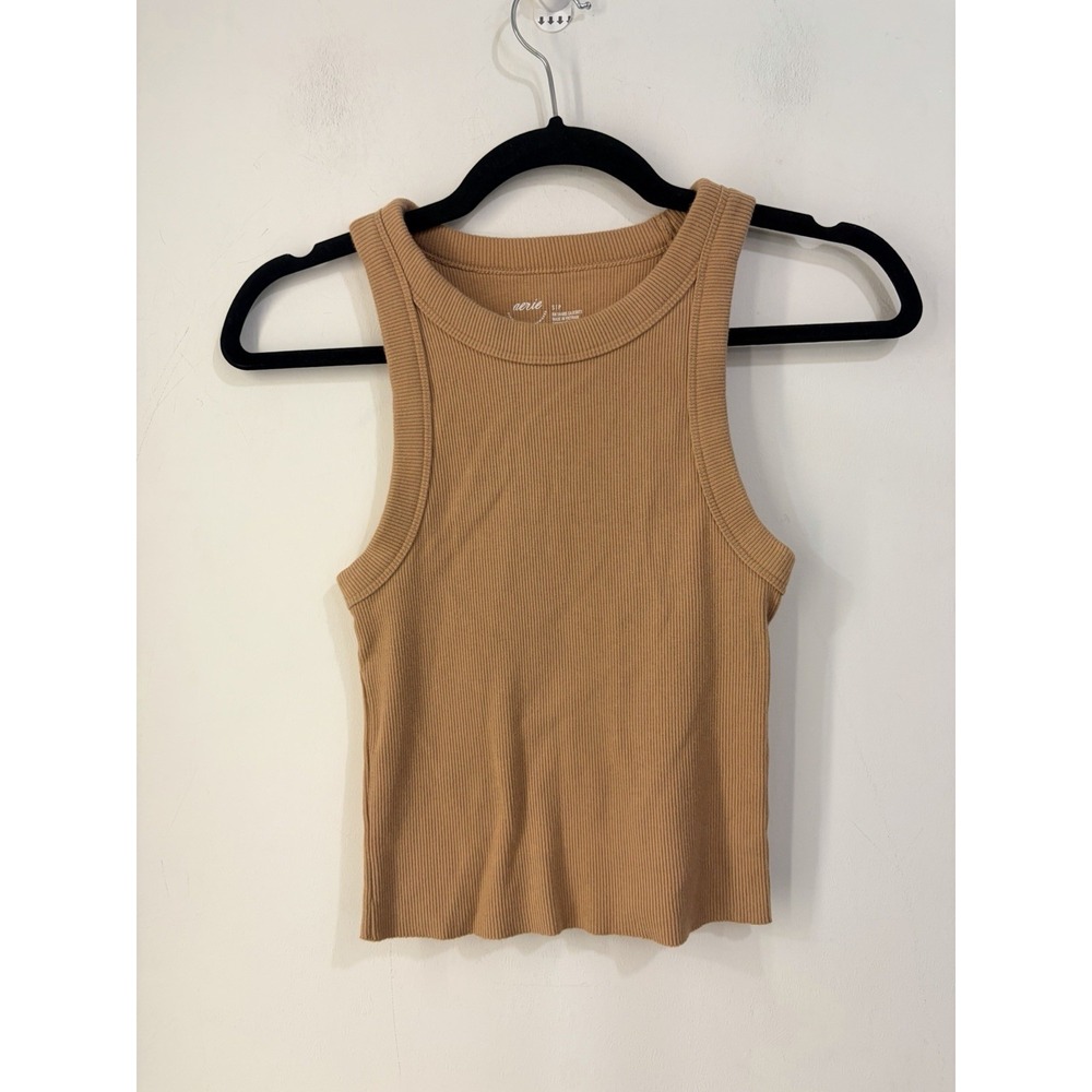 Aerie Ribbed Tank Top Women's Small S Camel Brown Sleeveless High Neck